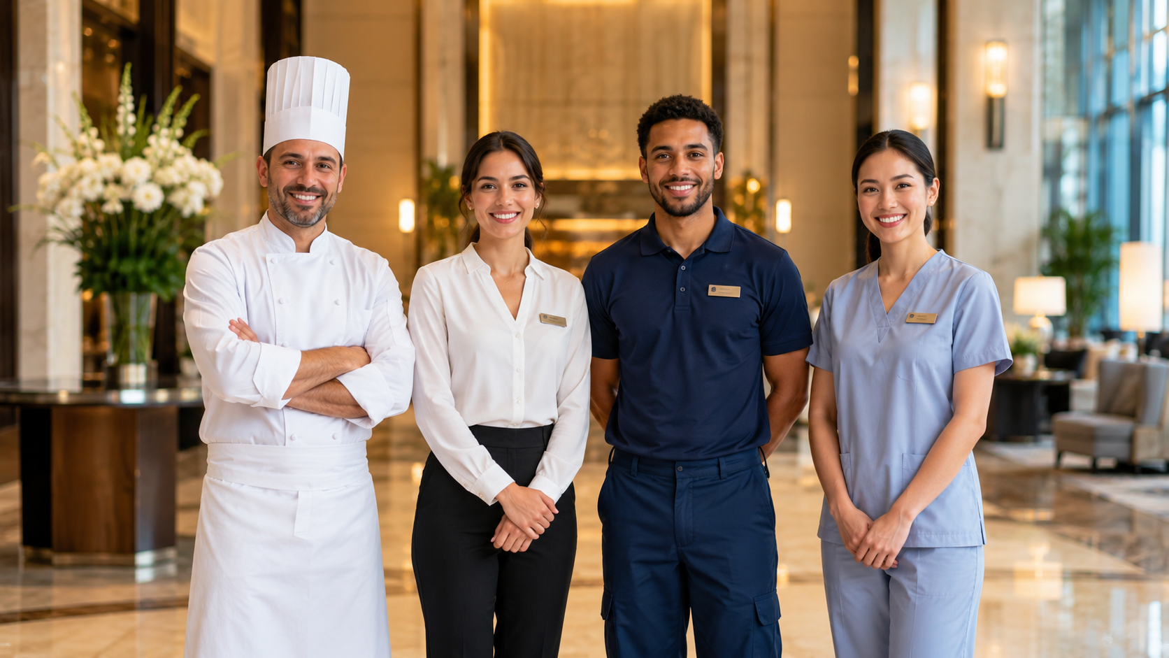 Equipo de Tacul Indumentaria uniformado: cocinero, recepción, mozo y personal de salud en el lobby de un hotel